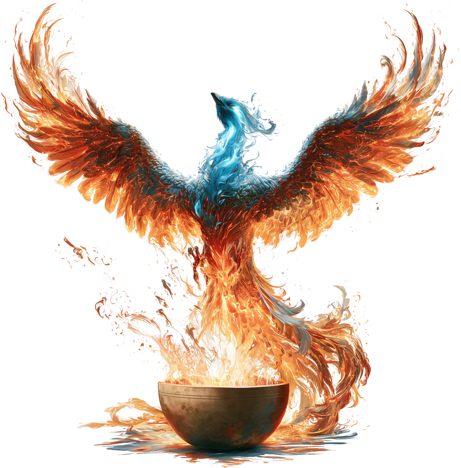 A phoenix with a glowing blue head rising in flames from a Tibetan singing bowl, wings outstretched.